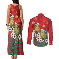 New Zealand Kakapo Christmas Couples Matching Tank Maxi Dress and Long Sleeve Button Shirt Owl Parrot Santa Sliver Fern Manuka - Red LT14 - Polynesian Pride