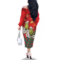 New Zealand Kakapo Christmas Family Matching Off The Shoulder Long Sleeve Dress and Hawaiian Shirt Owl Parrot Santa Sliver Fern Manuka - Red LT14 - Polynesian Pride