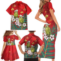 New Zealand Kakapo Christmas Family Matching Short Sleeve Bodycon Dress and Hawaiian Shirt Owl Parrot Santa Sliver Fern Manuka - Red LT14 - Polynesian Pride
