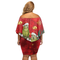 New Zealand Kakapo Christmas Off Shoulder Short Dress Owl Parrot Santa Sliver Fern Manuka - Red - Polynesian Pride