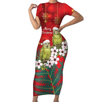 New Zealand Kakapo Christmas Short Sleeve Bodycon Dress Owl Parrot Santa Sliver Fern Manuka - Red LT14 Long Dress Red - Polynesian Pride