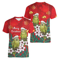 New Zealand Kakapo Christmas Women V-Neck T-Shirt Owl Parrot Santa Sliver Fern Manuka - Red LT14 - Polynesian Pride