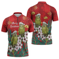 New Zealand Kakapo Christmas Zipper Polo Shirt Owl Parrot Santa Sliver Fern Manuka - Red - Polynesian Pride