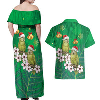 New Zealand Kakapo Christmas Couples Matching Off Shoulder Maxi Dress and Hawaiian Shirt Owl Parrot Santa Sliver Fern Manuka - Green LT14 - Polynesian Pride