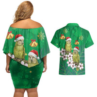New Zealand Kakapo Christmas Couples Matching Off Shoulder Short Dress and Hawaiian Shirt Owl Parrot Santa Sliver Fern Manuka - Green LT14 - Polynesian Pride