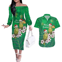 New Zealand Kakapo Christmas Couples Matching Off The Shoulder Long Sleeve Dress and Hawaiian Shirt Owl Parrot Santa Sliver Fern Manuka - Green LT14 Green - Polynesian Pride