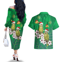 New Zealand Kakapo Christmas Couples Matching Off The Shoulder Long Sleeve Dress and Hawaiian Shirt Owl Parrot Santa Sliver Fern Manuka - Green - Polynesian Pride