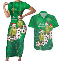 New Zealand Kakapo Christmas Couples Matching Short Sleeve Bodycon Dress and Hawaiian Shirt Owl Parrot Santa Sliver Fern Manuka - Green LT14 Green - Polynesian Pride