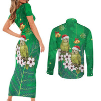 New Zealand Kakapo Christmas Couples Matching Short Sleeve Bodycon Dress and Long Sleeve Button Shirt Owl Parrot Santa Sliver Fern Manuka - Green LT14 - Polynesian Pride
