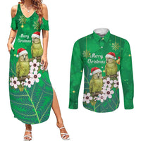 New Zealand Kakapo Christmas Couples Matching Summer Maxi Dress and Long Sleeve Button Shirt Owl Parrot Santa Sliver Fern Manuka - Green LT14 Green - Polynesian Pride