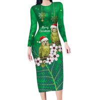 New Zealand Kakapo Christmas Family Matching Long Sleeve Bodycon Dress and Hawaiian Shirt Owl Parrot Santa Sliver Fern Manuka - Green - Polynesian Pride