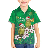 New Zealand Kakapo Christmas Kid Hawaiian Shirt Owl Parrot Santa Sliver Fern Manuka - Green LT14 Kid Green - Polynesian Pride