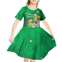 New Zealand Kakapo Christmas Kid Short Sleeve Dress Owl Parrot Santa Sliver Fern Manuka - Green - Polynesian Pride