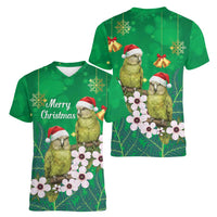 New Zealand Kakapo Christmas Women V-Neck T-Shirt Owl Parrot Santa Sliver Fern Manuka - Green LT14 - Polynesian Pride