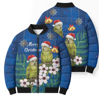 New Zealand Kakapo Christmas Bomber Puffer Jacket Owl Parrot Santa Sliver Fern Manuka - Blue - Polynesian Pride