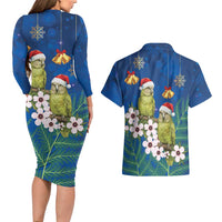 New Zealand Kakapo Christmas Couples Matching Long Sleeve Bodycon Dress and Hawaiian Shirt Owl Parrot Santa Sliver Fern Manuka - Blue LT14 - Polynesian Pride