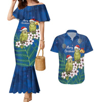 New Zealand Kakapo Christmas Couples Matching Mermaid Dress and Hawaiian Shirt Owl Parrot Santa Sliver Fern Manuka - Blue LT14 Blue - Polynesian Pride