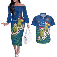 New Zealand Kakapo Christmas Couples Matching Off The Shoulder Long Sleeve Dress and Hawaiian Shirt Owl Parrot Santa Sliver Fern Manuka - Blue LT14 Blue - Polynesian Pride