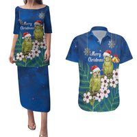 New Zealand Kakapo Christmas Couples Matching Puletasi and Hawaiian Shirt Owl Parrot Santa Sliver Fern Manuka - Blue LT14 Blue - Polynesian Pride