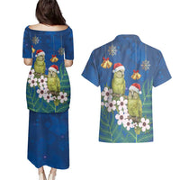 New Zealand Kakapo Christmas Couples Matching Puletasi and Hawaiian Shirt Owl Parrot Santa Sliver Fern Manuka - Blue LT14 - Polynesian Pride