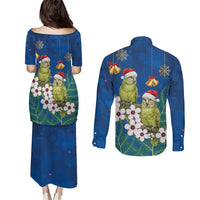 New Zealand Kakapo Christmas Couples Matching Puletasi and Long Sleeve Button Shirt Owl Parrot Santa Sliver Fern Manuka - Blue LT14 - Polynesian Pride