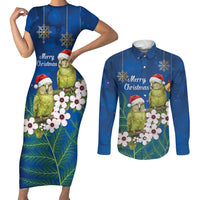 New Zealand Kakapo Christmas Couples Matching Short Sleeve Bodycon Dress and Long Sleeve Button Shirt Owl Parrot Santa Sliver Fern Manuka - Blue LT14 Blue - Polynesian Pride