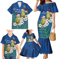 New Zealand Kakapo Christmas Family Matching Mermaid Dress and Hawaiian Shirt Owl Parrot Santa Sliver Fern Manuka - Blue - Polynesian Pride
