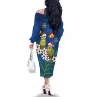 New Zealand Kakapo Christmas Family Matching Off The Shoulder Long Sleeve Dress and Hawaiian Shirt Owl Parrot Santa Sliver Fern Manuka - Blue LT14 - Polynesian Pride