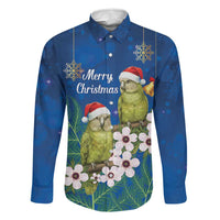 New Zealand Kakapo Christmas Family Matching Off Shoulder Short Dress and Hawaiian Shirt Owl Parrot Santa Sliver Fern Manuka - Blue LT14 Dad's Shirt - Long Sleeve Blue - Polynesian Pride