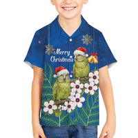 New Zealand Kakapo Christmas Family Matching Off Shoulder Short Dress and Hawaiian Shirt Owl Parrot Santa Sliver Fern Manuka - Blue LT14 - Polynesian Pride