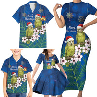 New Zealand Kakapo Christmas Family Matching Short Sleeve Bodycon Dress and Hawaiian Shirt Owl Parrot Santa Sliver Fern Manuka - Blue LT14 - Polynesian Pride