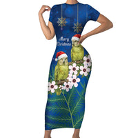 New Zealand Kakapo Christmas Family Matching Short Sleeve Bodycon Dress and Hawaiian Shirt Owl Parrot Santa Sliver Fern Manuka - Blue - Polynesian Pride