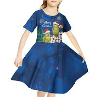 New Zealand Kakapo Christmas Kid Short Sleeve Dress Owl Parrot Santa Sliver Fern Manuka - Blue LT14 - Polynesian Pride