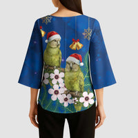 New Zealand Kakapo Christmas Kimono Sleeve Blouse Owl Parrot Santa Sliver Fern Manuka - Blue - Polynesian Pride