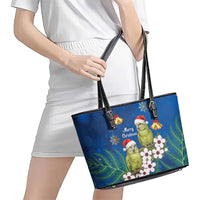 New Zealand Kakapo Christmas Leather Tote Bag Owl Parrot Santa Sliver Fern Manuka - Blue - Polynesian Pride