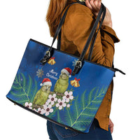 New Zealand Kakapo Christmas Leather Tote Bag Owl Parrot Santa Sliver Fern Manuka - Blue - Polynesian Pride