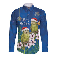 New Zealand Kakapo Christmas Long Sleeve Button Shirt Owl Parrot Santa Sliver Fern Manuka - Blue - Polynesian Pride