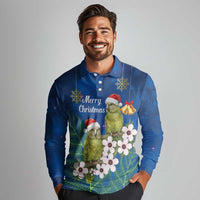 New Zealand Kakapo Christmas Long Sleeve Polo Shirt Owl Parrot Santa Sliver Fern Manuka - Blue - Polynesian Pride