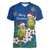 New Zealand Kakapo Christmas Women V-Neck T-Shirt Owl Parrot Santa Sliver Fern Manuka - Blue LT14 Female Blue - Polynesian Pride
