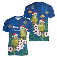 New Zealand Kakapo Christmas Women V-Neck T-Shirt Owl Parrot Santa Sliver Fern Manuka - Blue LT14 - Polynesian Pride