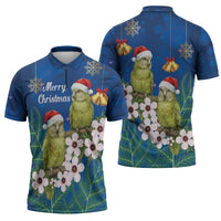 New Zealand Kakapo Christmas Zipper Polo Shirt Owl Parrot Santa Sliver Fern Manuka - Blue - Polynesian Pride