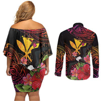 Hawaii Iwa Bird Couples Matching Off Shoulder Short Dress and Long Sleeve Button Shirt Great Frigatebird Kanaka Tropical Hippie Style LT14 - Polynesian Pride