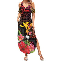 Hawaii Iwa Bird Family Matching Summer Maxi Dress and Hawaiian Shirt Great Frigatebird Kanaka Tropical Hippie Style LT14 Mom's Dress Black - Polynesian Pride