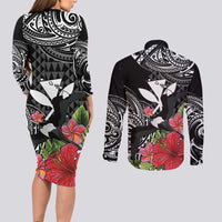 Hawaii Iwa Bird Couples Matching Long Sleeve Bodycon Dress and Long Sleeve Button Shirt Great Frigatebird Kanaka Tropical Flowers LT14 - Polynesian Pride
