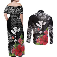 Hawaii Iwa Bird Couples Matching Off Shoulder Maxi Dress and Long Sleeve Button Shirt Great Frigatebird Kanaka Tropical Flowers LT14 - Polynesian Pride