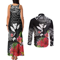 Hawaii Iwa Bird Couples Matching Tank Maxi Dress and Long Sleeve Button Shirt Great Frigatebird Kanaka Tropical Flowers LT14 - Polynesian Pride