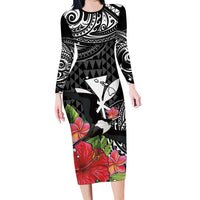 Hawaii Iwa Bird Family Matching Long Sleeve Bodycon Dress and Hawaiian Shirt Great Frigatebird Kanaka Tropical Flowers LT14 Mom's Dress Black - Polynesian Pride