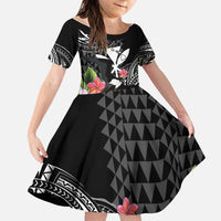 Hawaii Iwa Bird Family Matching Summer Maxi Dress and Hawaiian Shirt Great Frigatebird Kanaka Tropical Flowers LT14 Daughter's Dress Black - Polynesian Pride