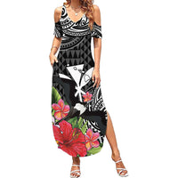 Hawaii Iwa Bird Family Matching Summer Maxi Dress and Hawaiian Shirt Great Frigatebird Kanaka Tropical Flowers LT14 Mom's Dress Black - Polynesian Pride