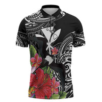 Hawaii Iwa Bird Zipper Polo Shirt Great Frigatebird Kanaka Tropical Flowers - Polynesian Pride